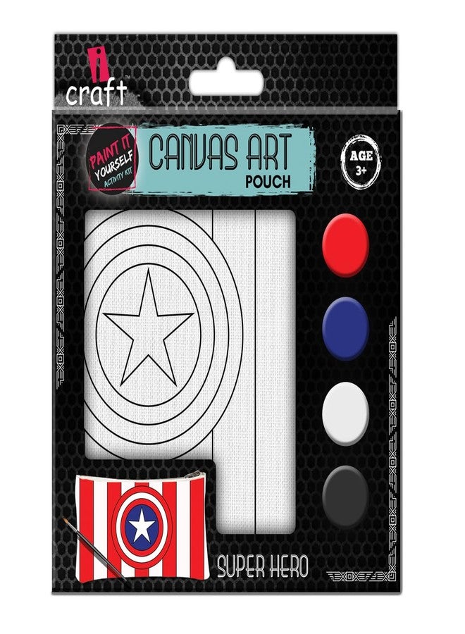 iCraft DIY ART and CRAFT Canvas Pouch Making Kit |Pack with 4 Chalk Paintsx10ml Each, Set of Round Brushes (1U) | Paint It Yourself Activity Kits For Ages 3+(Super Hero) - Image 1